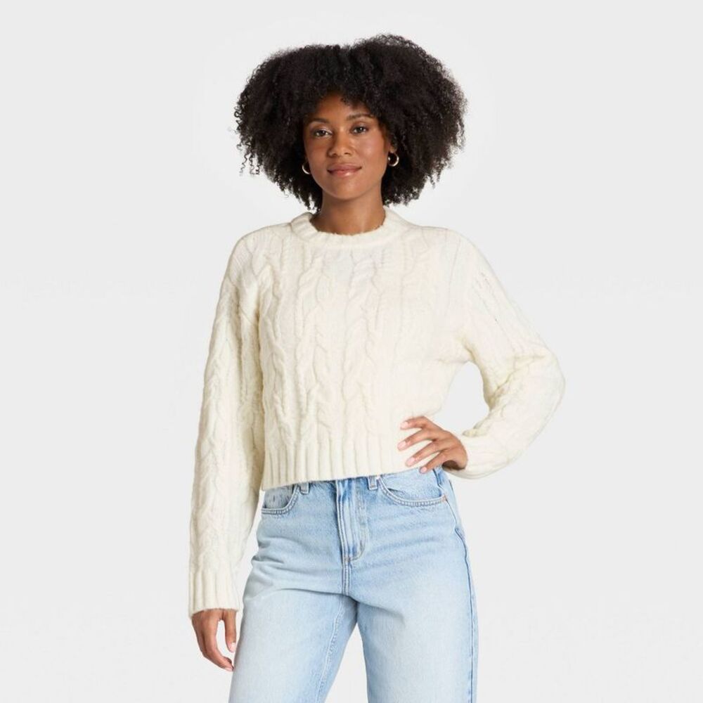 Women's Cozy Cable Crewneck Pullover Sweater - Universal Thread Cream M